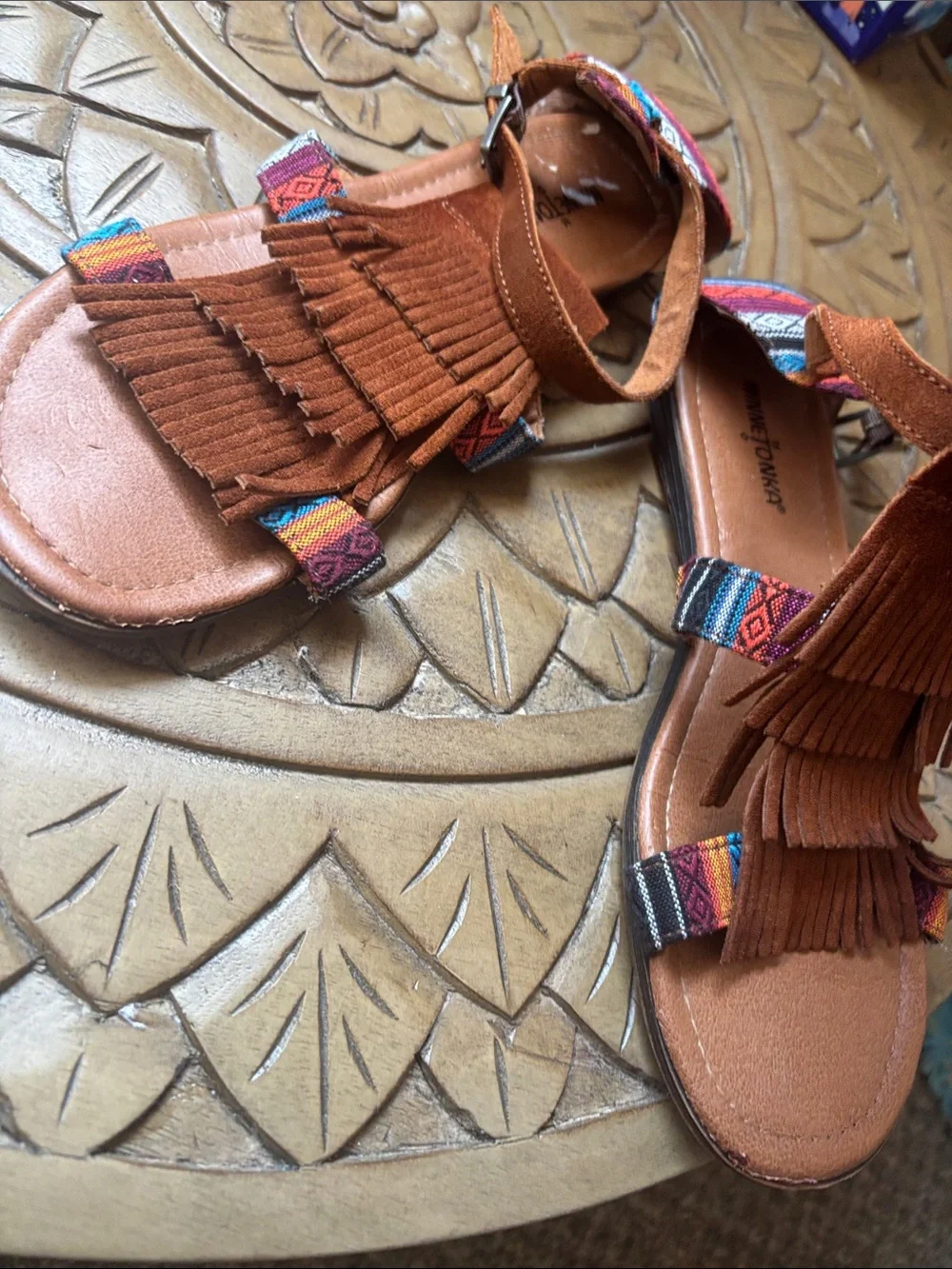 Minnetonka Fringed Suede Women’s Sandals with Woven Accents